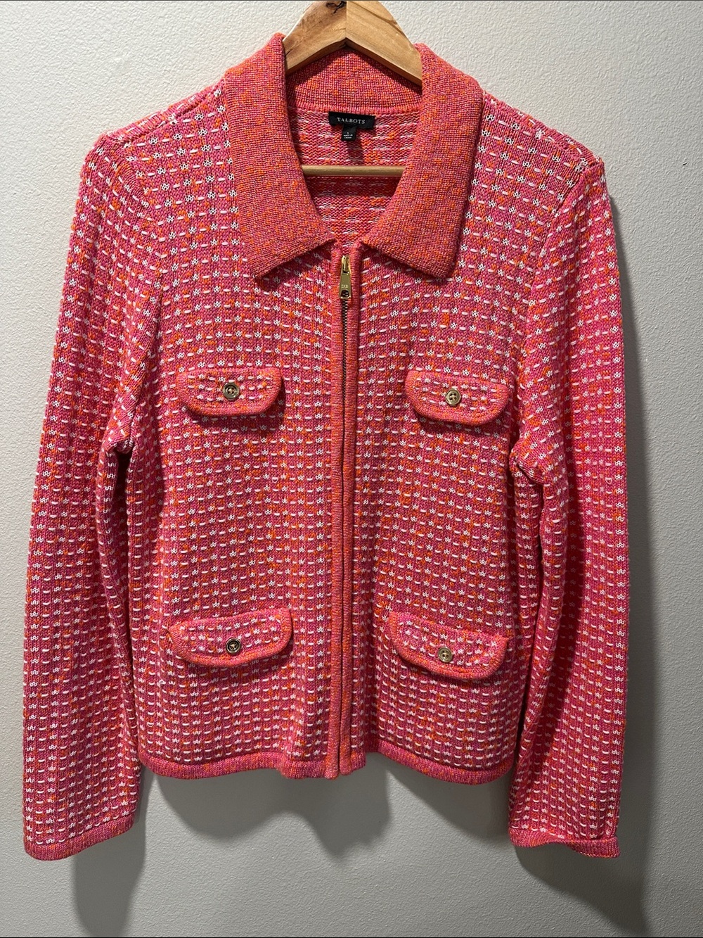 Talbots Coral-Pink Tweed Zip Jacket with Gold Buttons